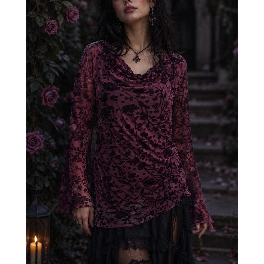 Y2K Asymmetrical Floral Velvet Burnout Tunic Top Size Large Dark Romantic Whimsy